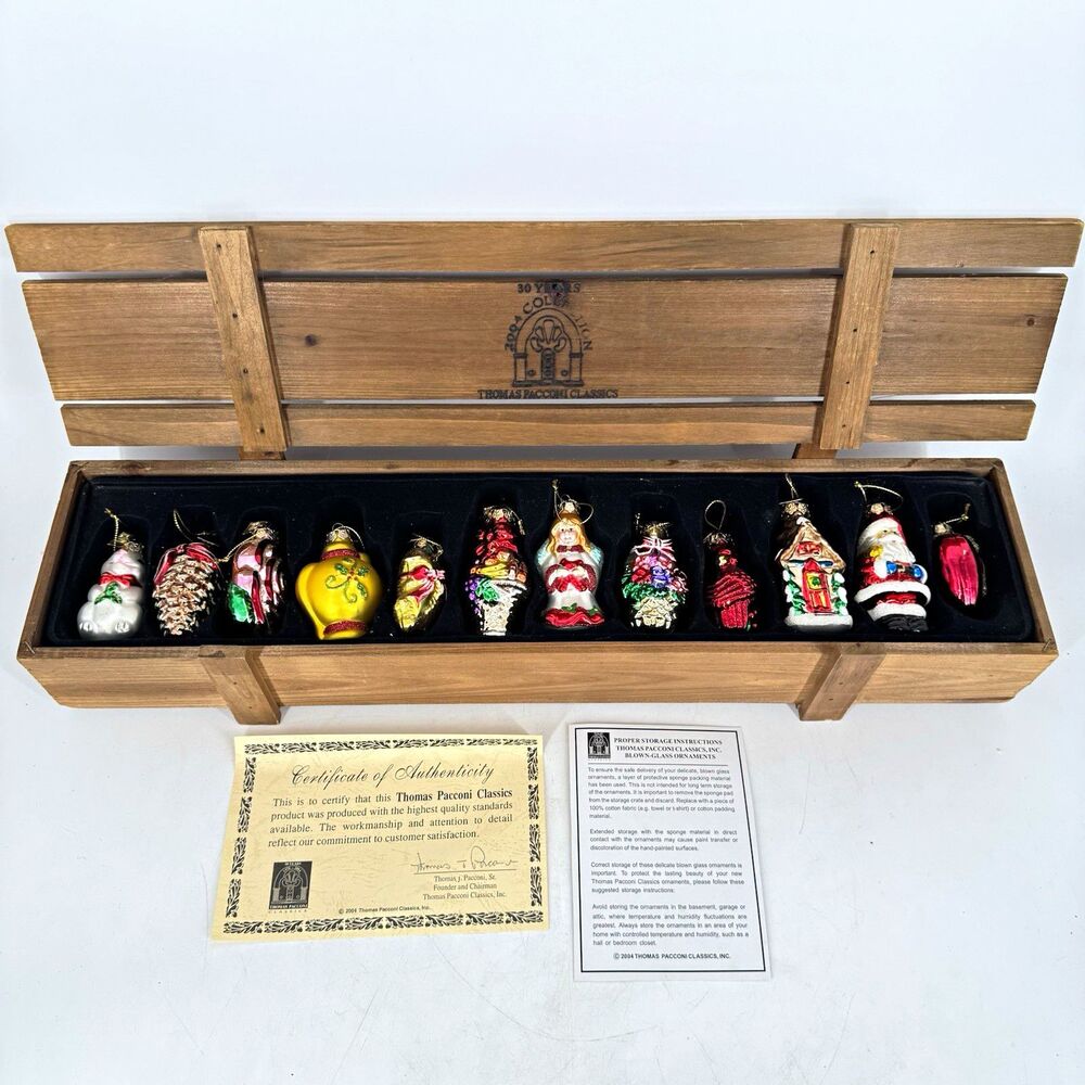 Thomas Pacconi Classics 2004 12 Blown Glass Christmas Ornaments Wood Crate COA